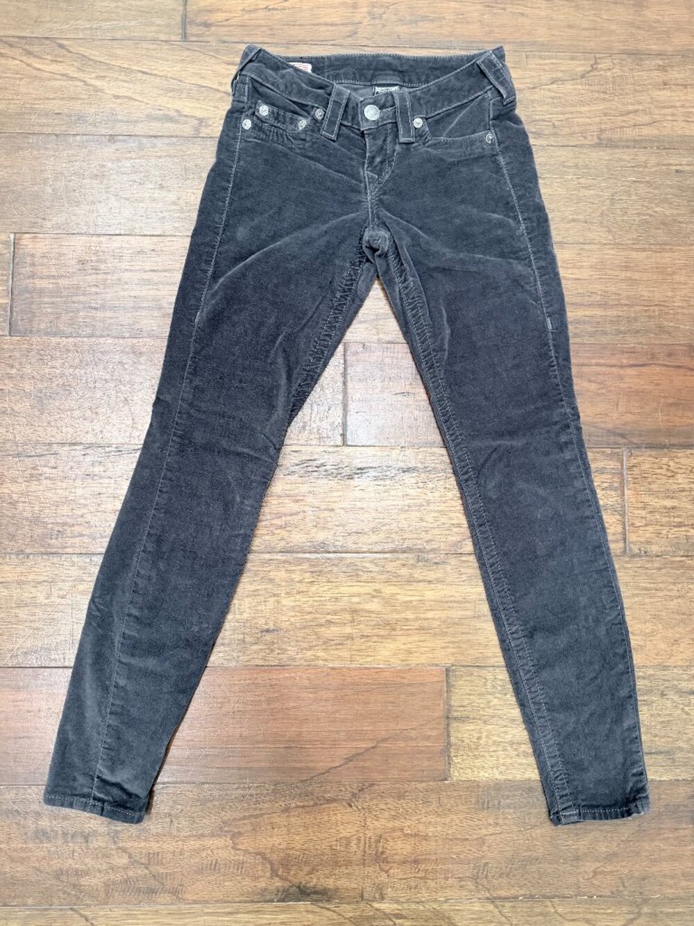 True Religion Casey Skinny Jeans Womens 24 Black Gray Velveteen Made USA Y2K